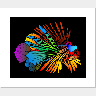 Colorful Rainbow Lionfish Exotic Fish Outline Silhouette Posters and Art